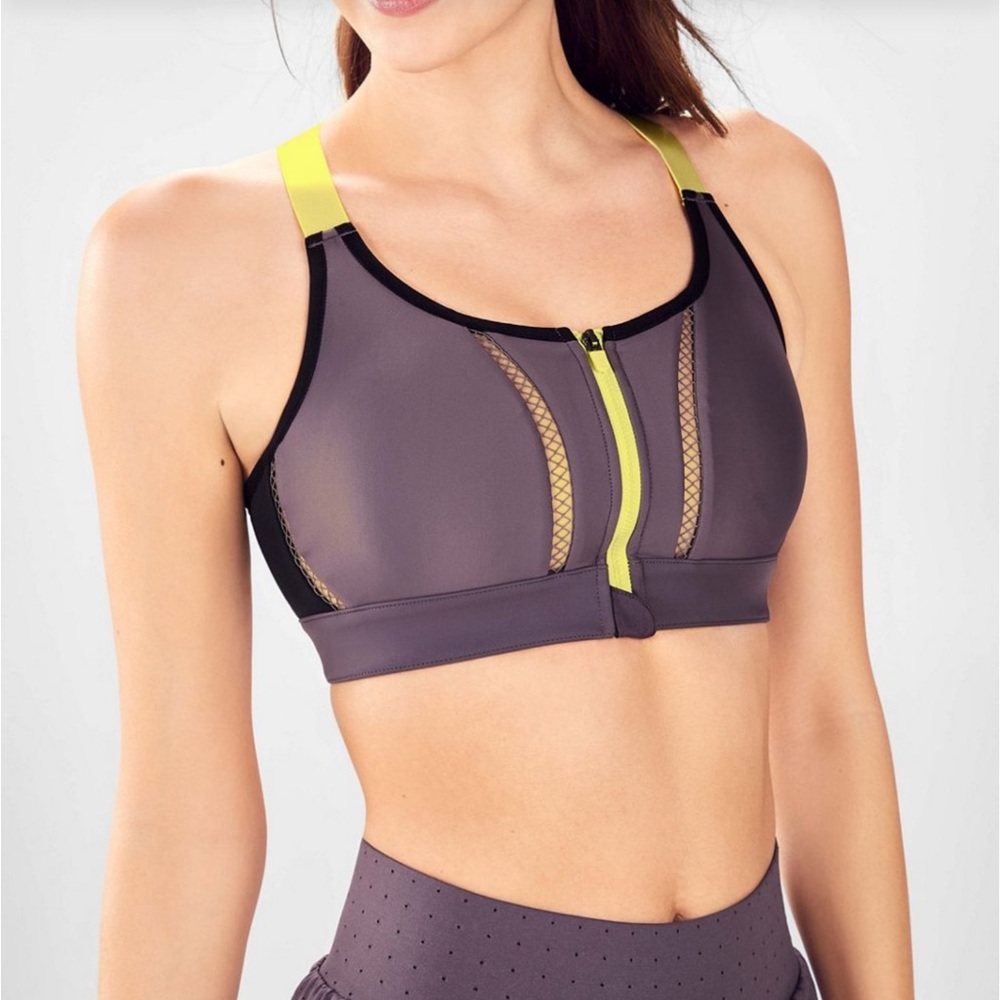 Fabletics Women's Purple and Yellow Sports Bra and matching shorts
